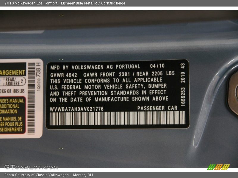 Eismeer Blue Metallic / Cornsilk Beige 2010 Volkswagen Eos Komfort
