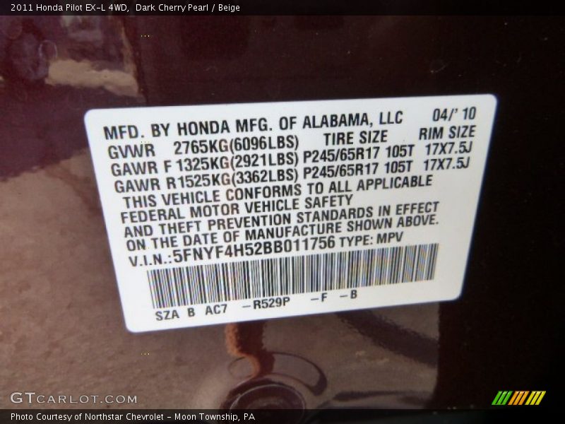Dark Cherry Pearl / Beige 2011 Honda Pilot EX-L 4WD