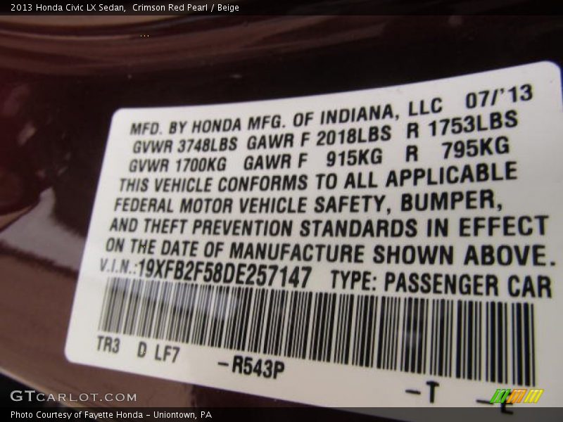 Crimson Red Pearl / Beige 2013 Honda Civic LX Sedan