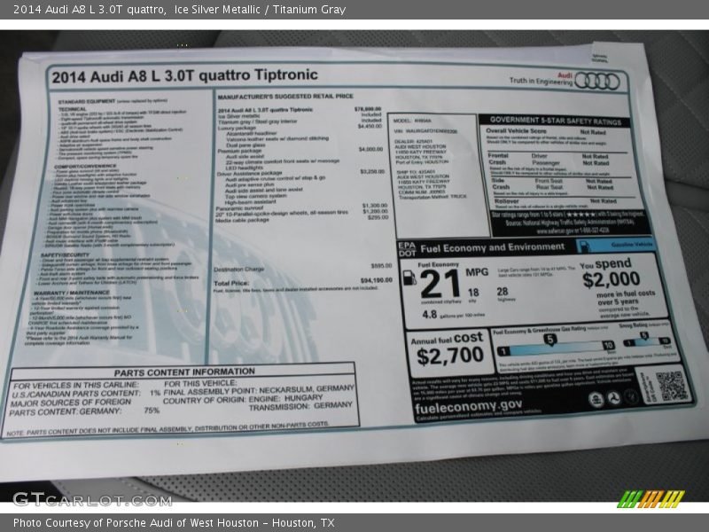  2014 A8 L 3.0T quattro Window Sticker