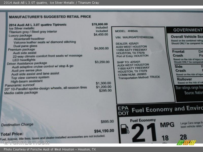  2014 A8 L 3.0T quattro Window Sticker
