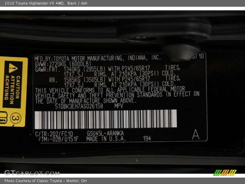 Black / Ash 2010 Toyota Highlander V6 4WD