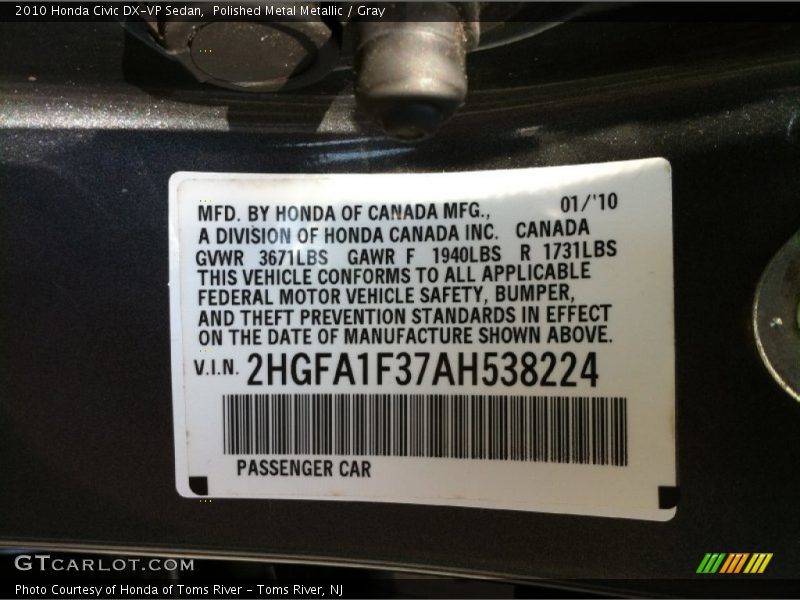 Polished Metal Metallic / Gray 2010 Honda Civic DX-VP Sedan