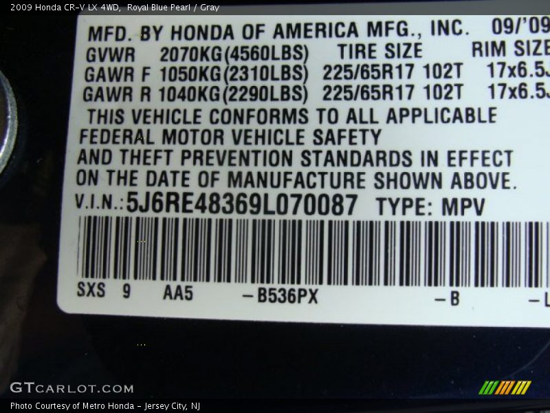 Royal Blue Pearl / Gray 2009 Honda CR-V LX 4WD