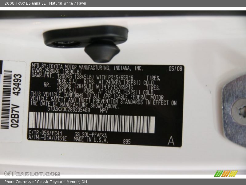 Natural White / Fawn 2008 Toyota Sienna LE