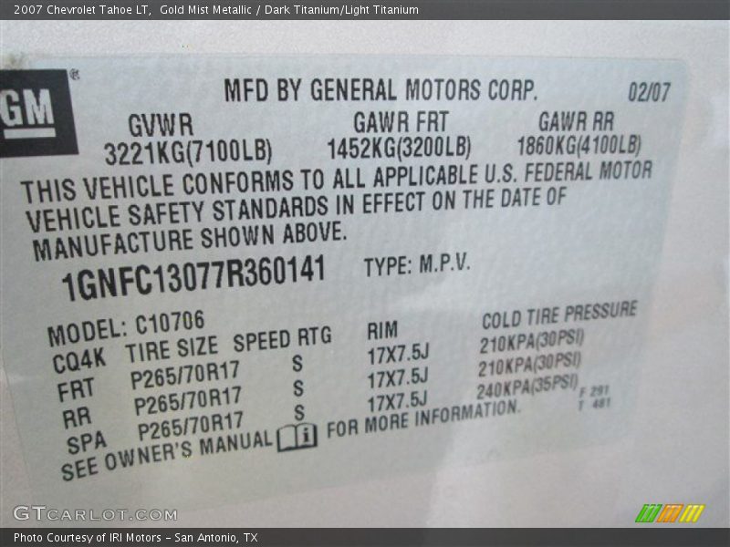 Gold Mist Metallic / Dark Titanium/Light Titanium 2007 Chevrolet Tahoe LT