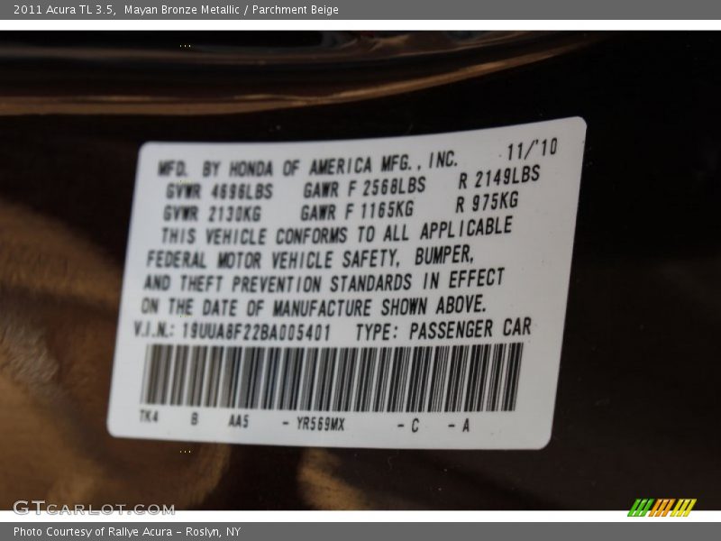 Mayan Bronze Metallic / Parchment Beige 2011 Acura TL 3.5