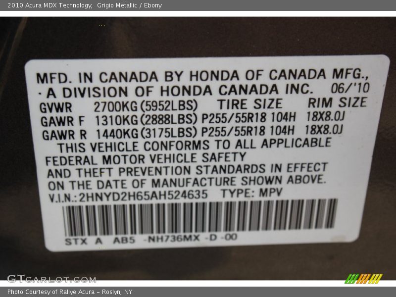 Grigio Metallic / Ebony 2010 Acura MDX Technology