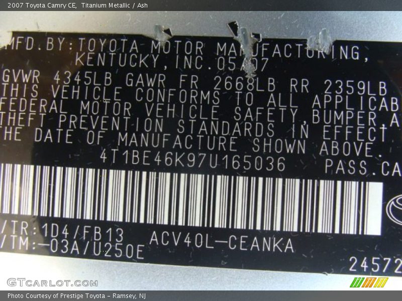 Titanium Metallic / Ash 2007 Toyota Camry CE