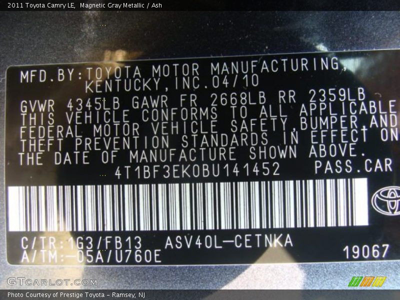 Magnetic Gray Metallic / Ash 2011 Toyota Camry LE