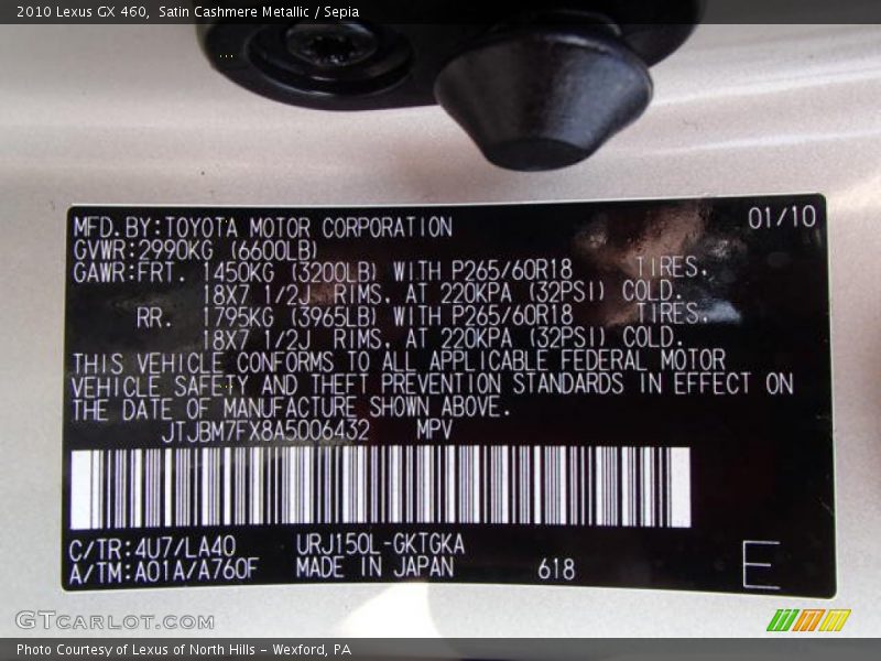 Satin Cashmere Metallic / Sepia 2010 Lexus GX 460