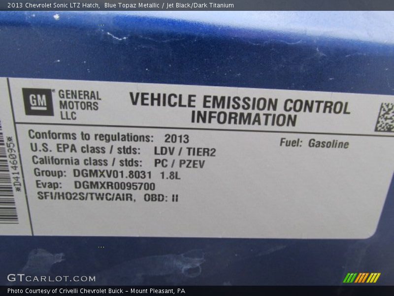 Info Tag of 2013 Sonic LTZ Hatch