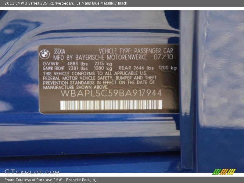 Le Mans Blue Metallic / Black 2011 BMW 3 Series 335i xDrive Sedan