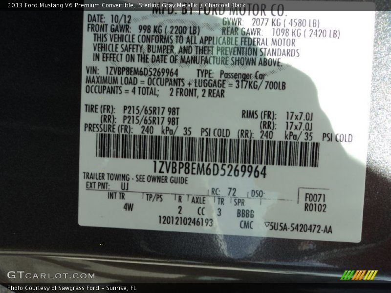Sterling Gray Metallic / Charcoal Black 2013 Ford Mustang V6 Premium Convertible