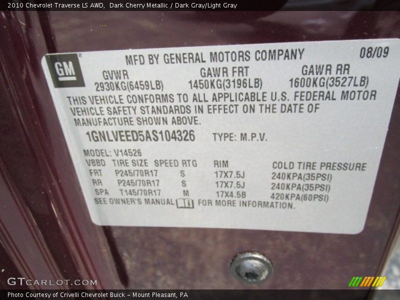 Dark Cherry Metallic / Dark Gray/Light Gray 2010 Chevrolet Traverse LS AWD