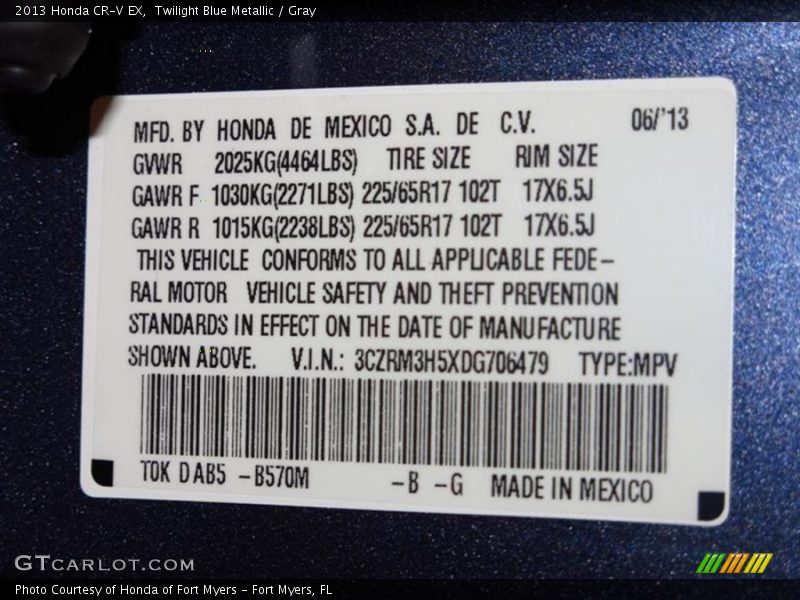 Twilight Blue Metallic / Gray 2013 Honda CR-V EX
