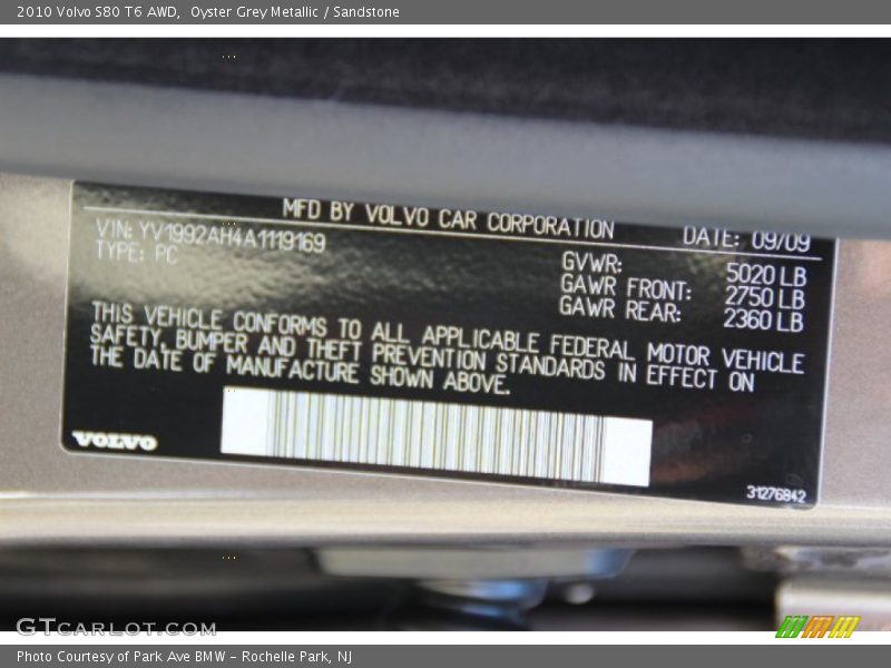 Info Tag of 2010 S80 T6 AWD