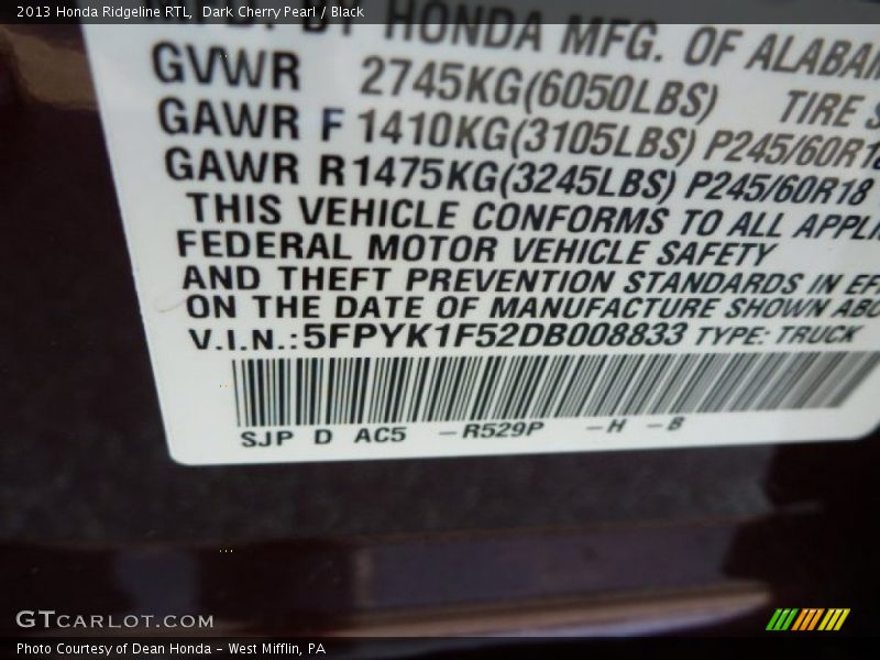 2013 Ridgeline RTL Dark Cherry Pearl Color Code R529P