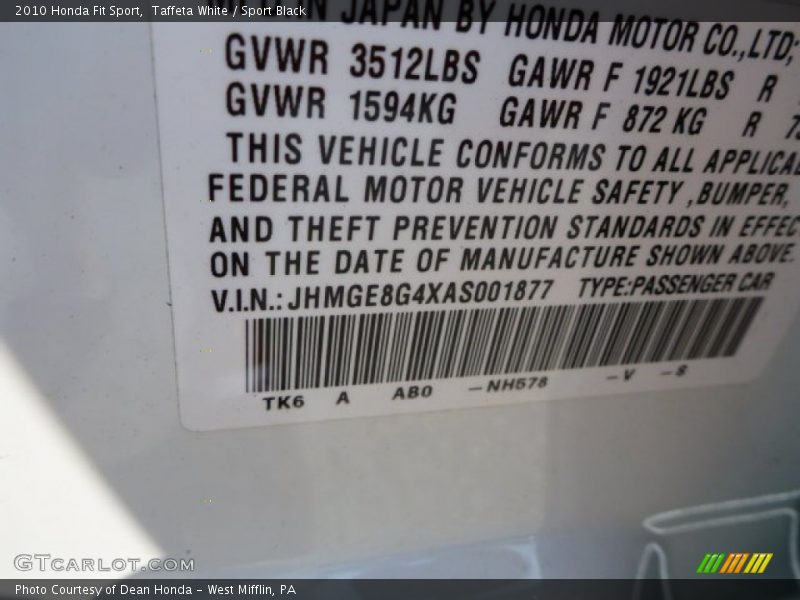 Taffeta White / Sport Black 2010 Honda Fit Sport