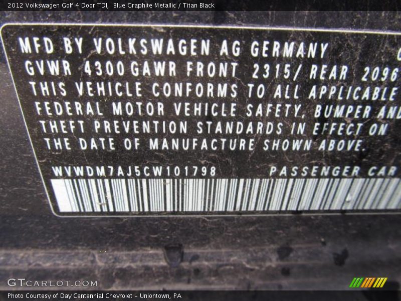 Blue Graphite Metallic / Titan Black 2012 Volkswagen Golf 4 Door TDI