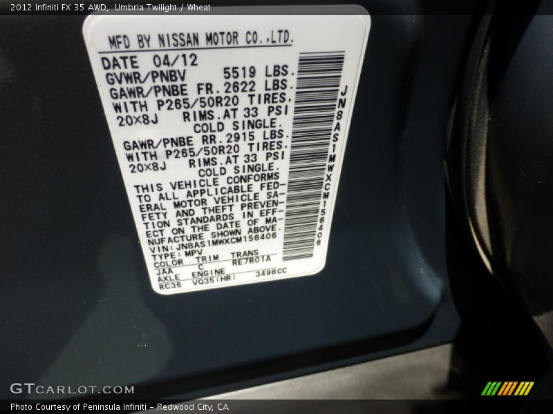 Umbria Twilight / Wheat 2012 Infiniti FX 35 AWD