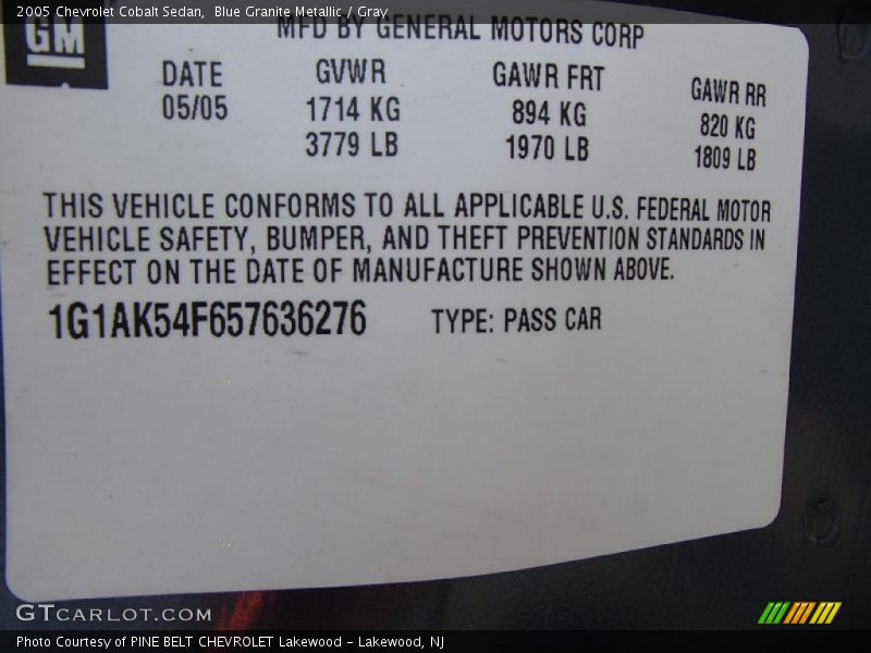 Blue Granite Metallic / Gray 2005 Chevrolet Cobalt Sedan