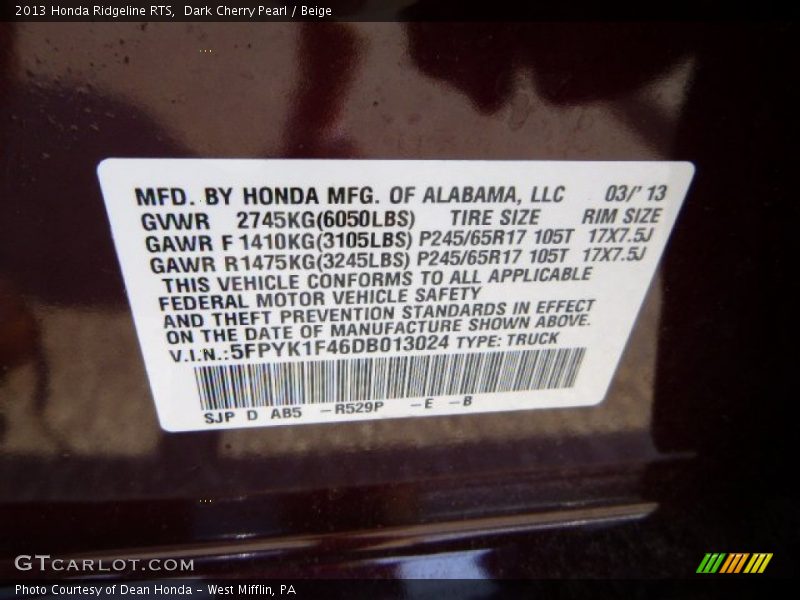 2013 Ridgeline RTS Dark Cherry Pearl Color Code R529P