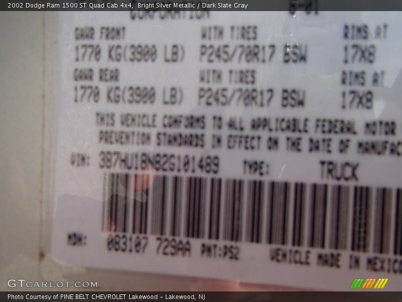 2002 Ram 1500 ST Quad Cab 4x4 Bright Silver Metallic Color Code PS2