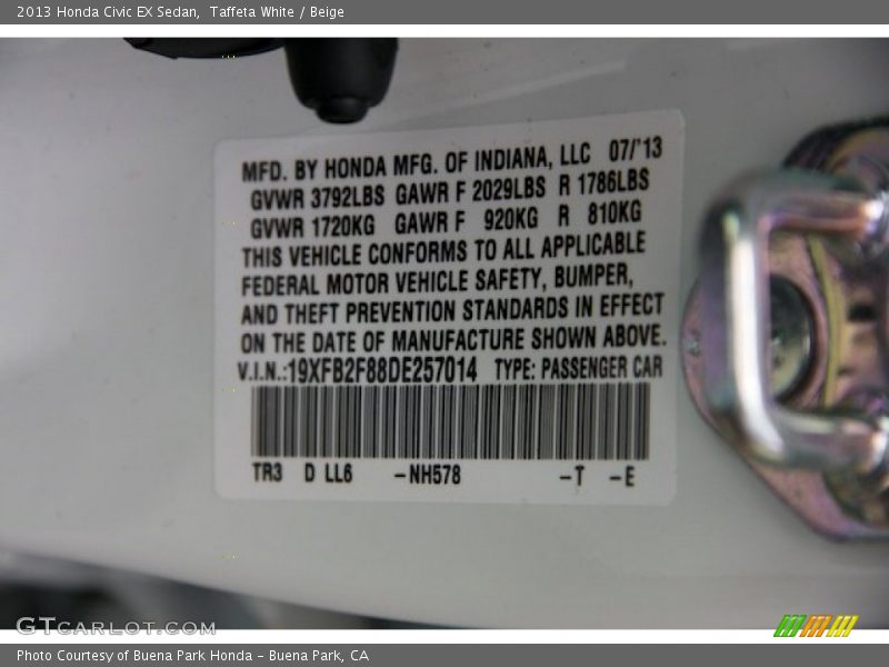 Taffeta White / Beige 2013 Honda Civic EX Sedan