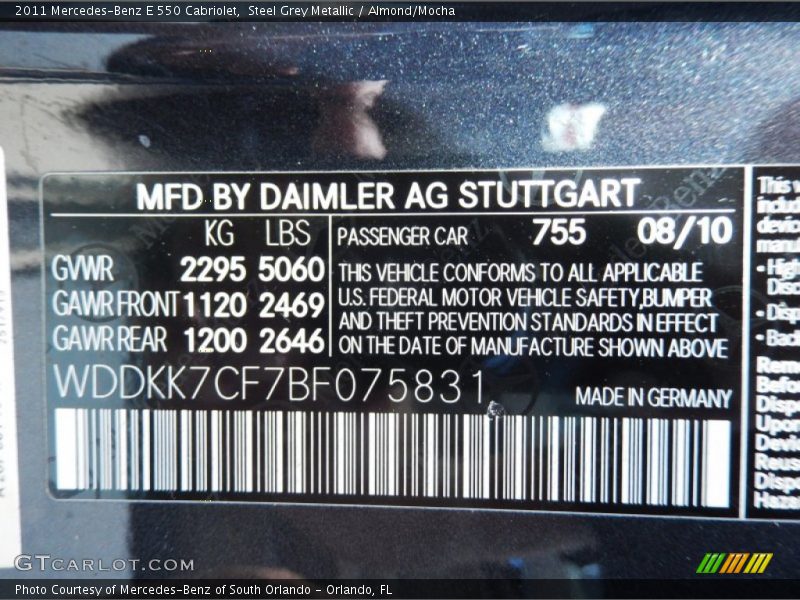 Steel Grey Metallic / Almond/Mocha 2011 Mercedes-Benz E 550 Cabriolet