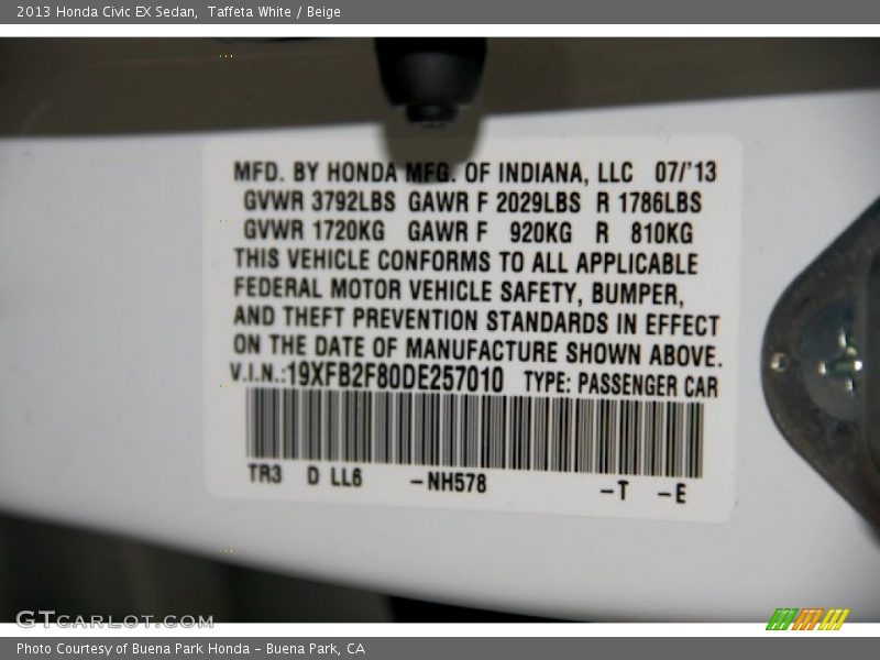 Taffeta White / Beige 2013 Honda Civic EX Sedan
