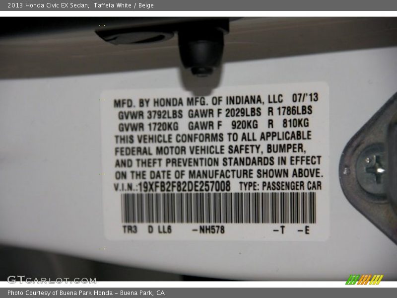 Taffeta White / Beige 2013 Honda Civic EX Sedan
