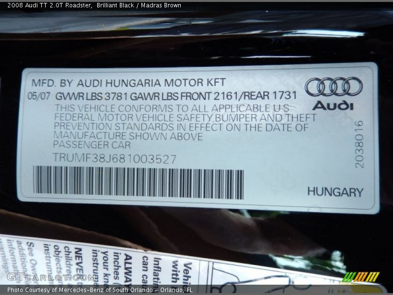 Brilliant Black / Madras Brown 2008 Audi TT 2.0T Roadster