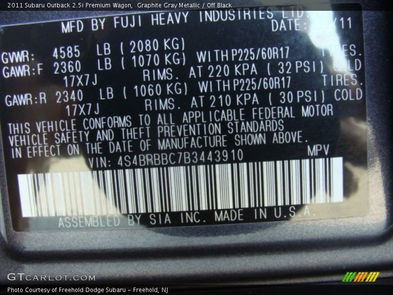Graphite Gray Metallic / Off Black 2011 Subaru Outback 2.5i Premium Wagon
