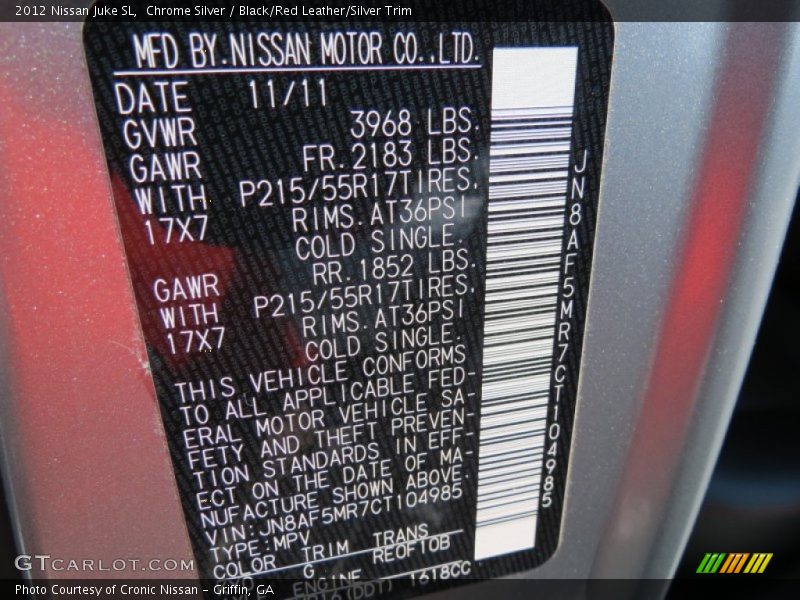 Chrome Silver / Black/Red Leather/Silver Trim 2012 Nissan Juke SL