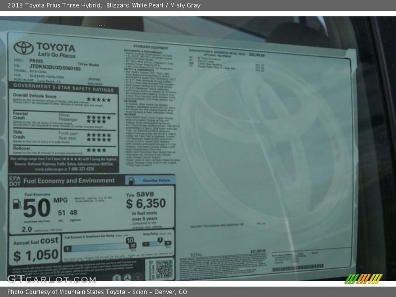 Blizzard White Pearl / Misty Gray 2013 Toyota Prius Three Hybrid