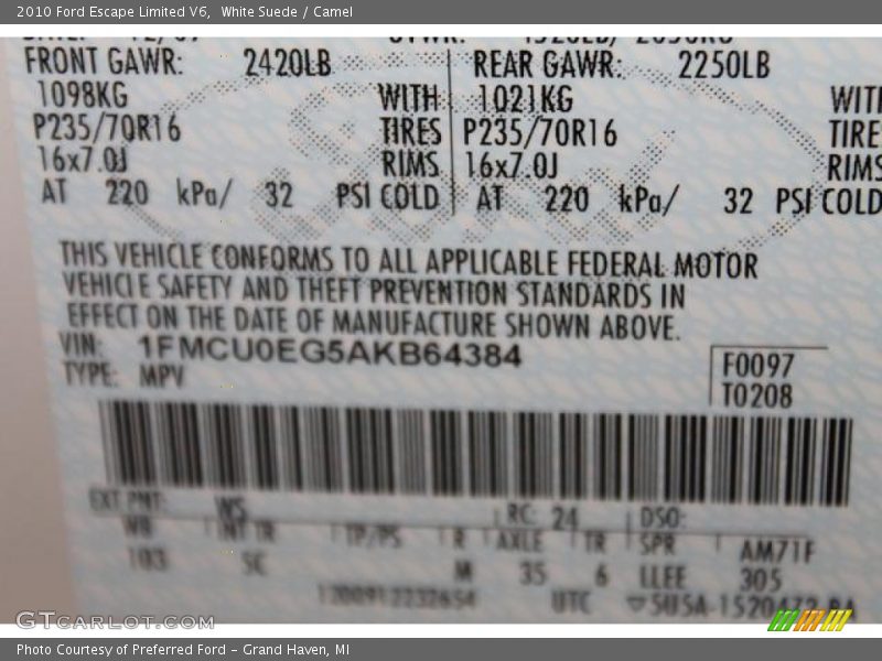 White Suede / Camel 2010 Ford Escape Limited V6