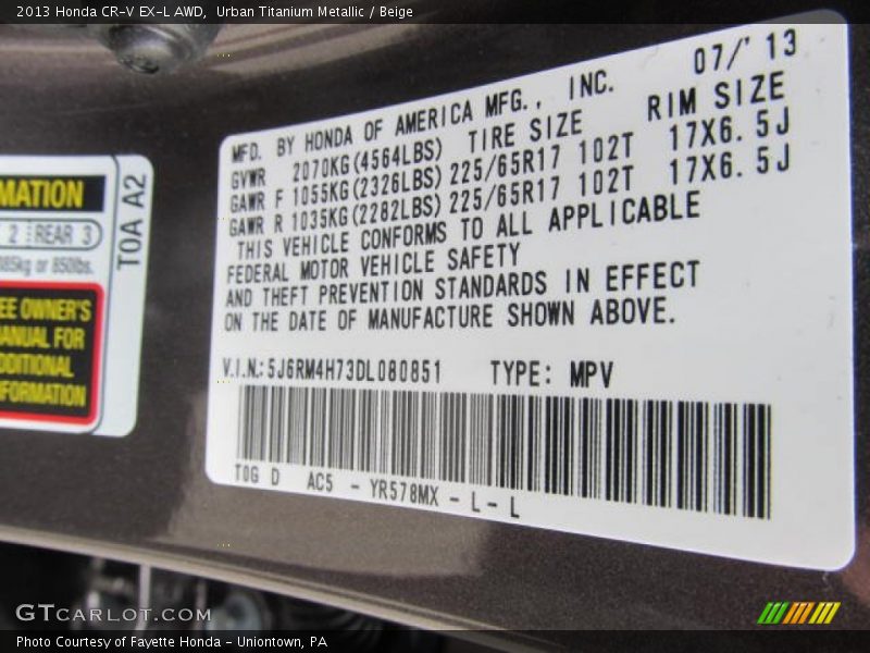Urban Titanium Metallic / Beige 2013 Honda CR-V EX-L AWD