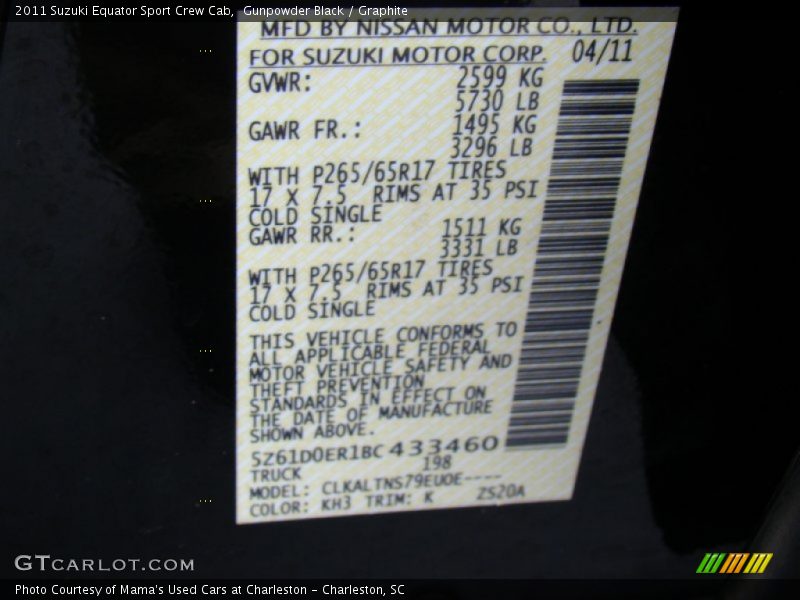 Gunpowder Black / Graphite 2011 Suzuki Equator Sport Crew Cab