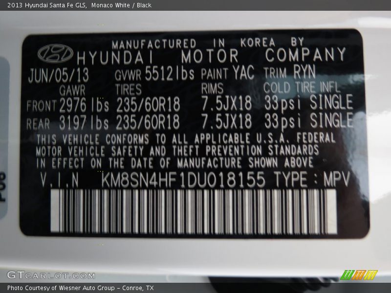 Monaco White / Black 2013 Hyundai Santa Fe GLS