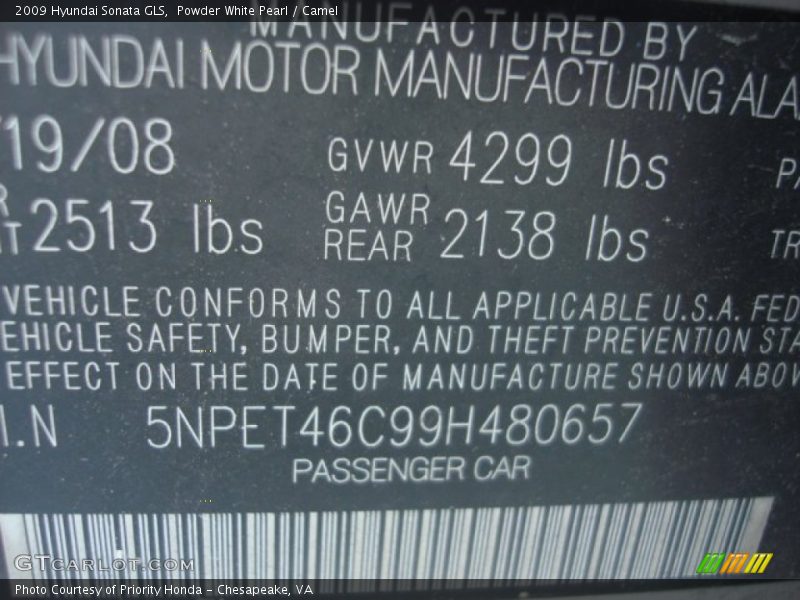 Powder White Pearl / Camel 2009 Hyundai Sonata GLS