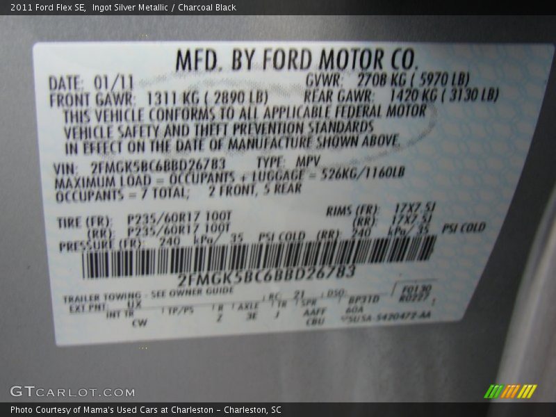 Ingot Silver Metallic / Charcoal Black 2011 Ford Flex SE