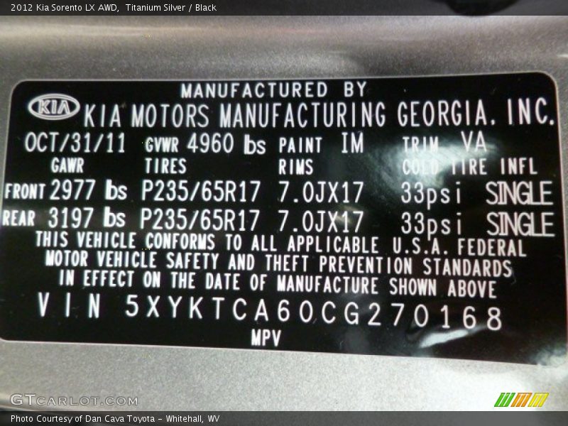 Titanium Silver / Black 2012 Kia Sorento LX AWD