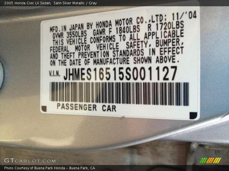 Satin Silver Metallic / Gray 2005 Honda Civic LX Sedan