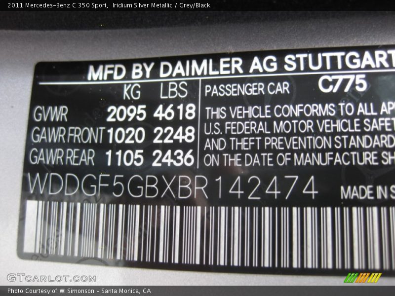 Iridium Silver Metallic / Grey/Black 2011 Mercedes-Benz C 350 Sport