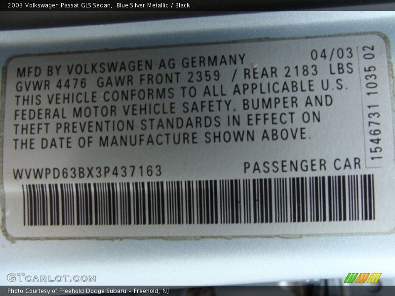 Blue Silver Metallic / Black 2003 Volkswagen Passat GLS Sedan