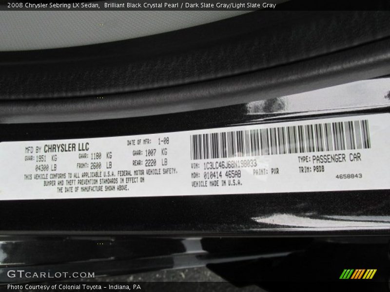 Brilliant Black Crystal Pearl / Dark Slate Gray/Light Slate Gray 2008 Chrysler Sebring LX Sedan