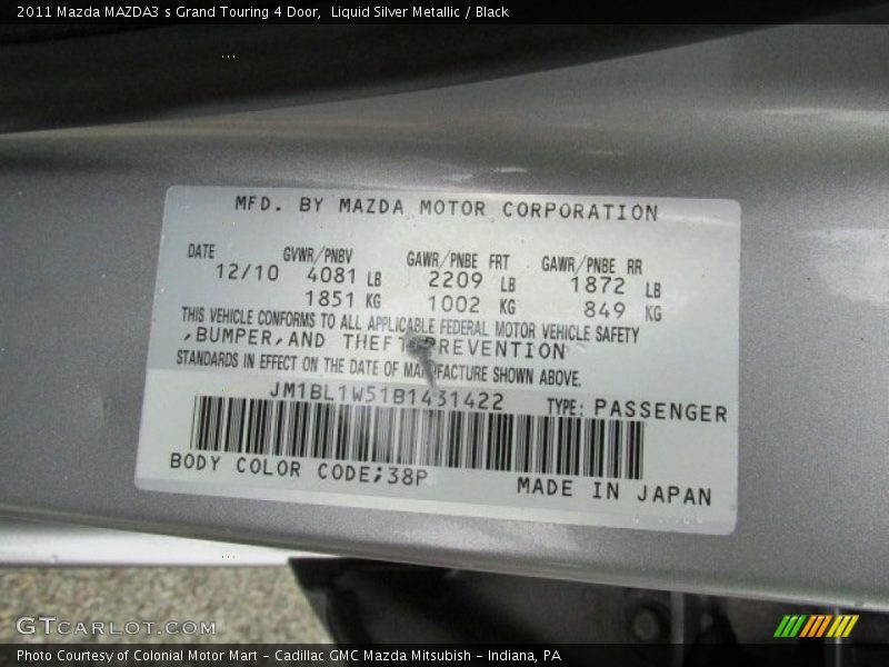 2011 MAZDA3 s Grand Touring 4 Door Liquid Silver Metallic Color Code 38P