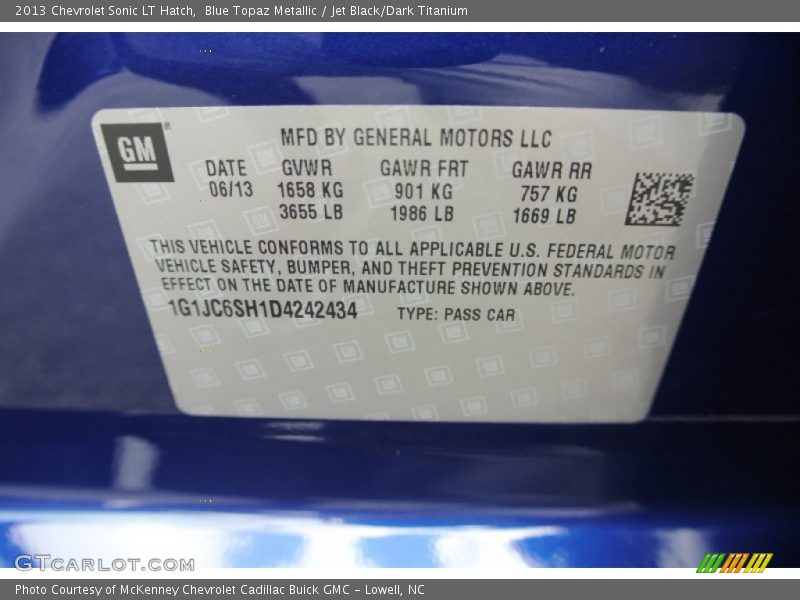 Blue Topaz Metallic / Jet Black/Dark Titanium 2013 Chevrolet Sonic LT Hatch