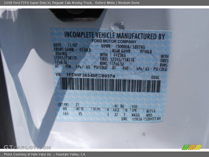 Oxford White / Medium Stone 2008 Ford F350 Super Duty XL Regular Cab Moving Truck